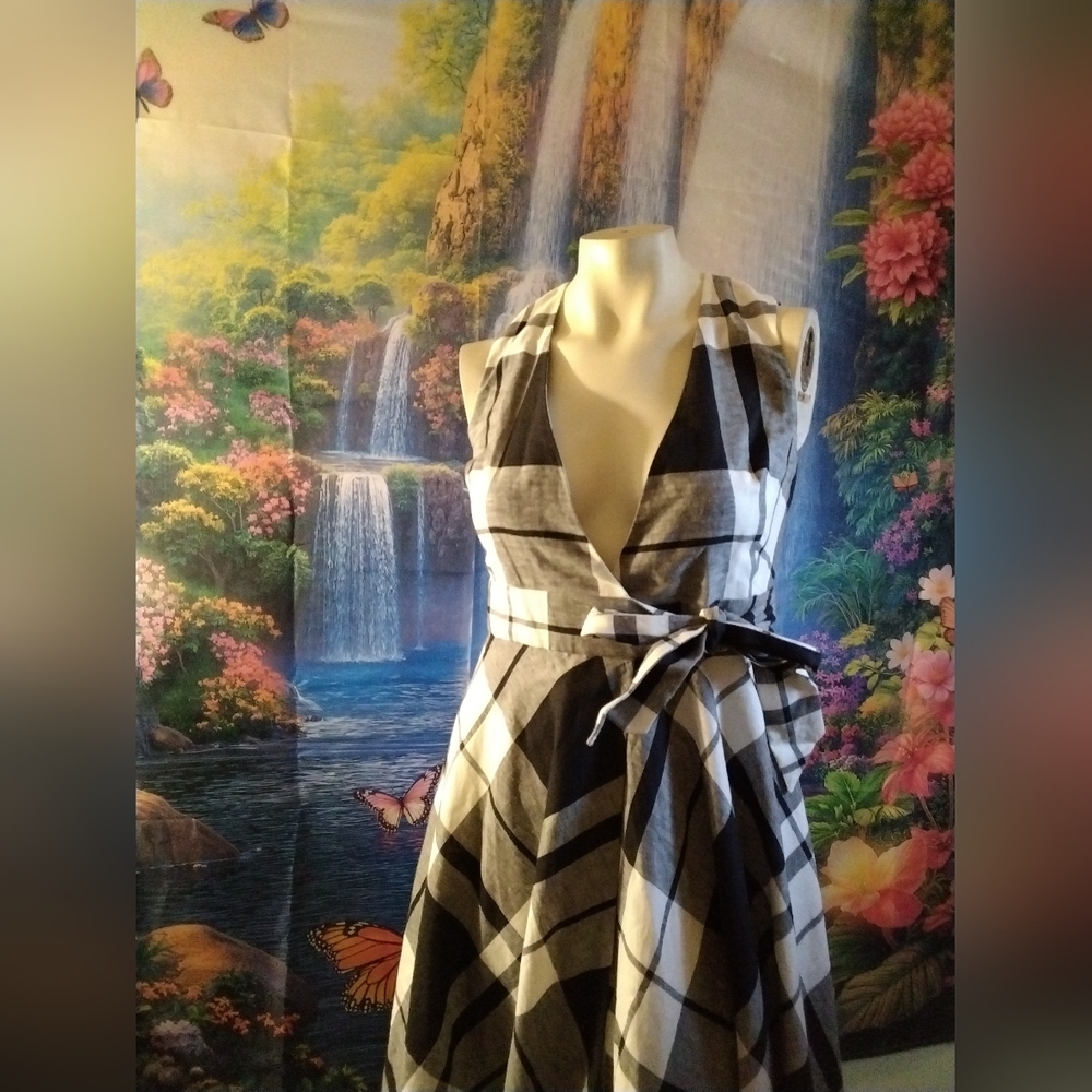 Hobbs of London sleeveless A-Line plaid wrap linen cotton calf length dress